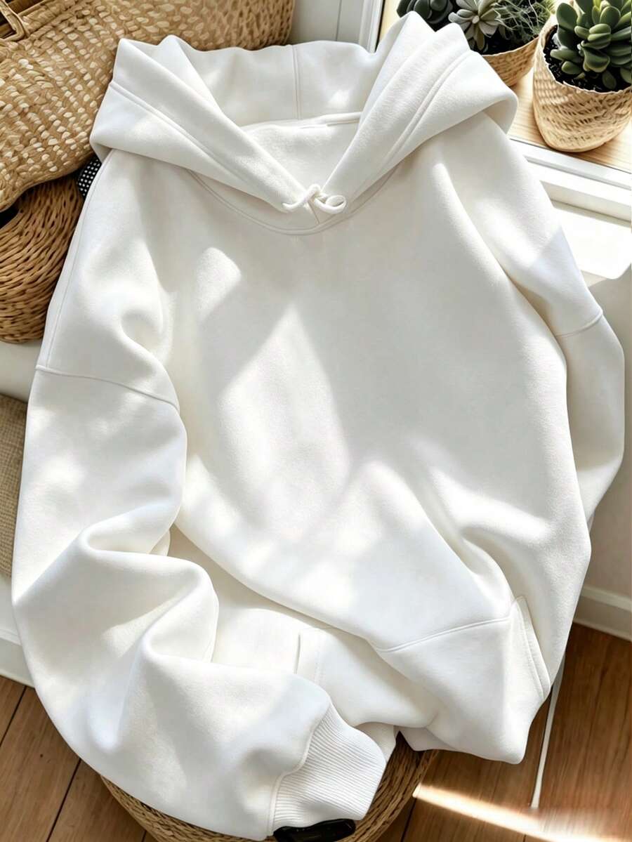 Women's Autumn/Winter New Solid Color Hooded Sweatshirt, Drawstring Design, With Pockets, Casual Versatile Loose Fit Top, Fashionable Daily Wear - White - View 1