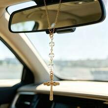 1pc. Rhinestone Cross Car Pendant, Cut Crystal Beads With Golden Chain, Protecting Your Every Journey, Bag And Home Dual Use Holiday Gift - Cross - View 3