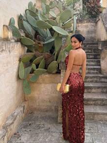 CHOSMO Sequin Backless Halter Neck Party Romantic Sexy Formal Evening Gown Wedding Fall - Burgundy - View 2