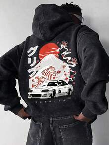 Men's Vintage Washed Japanese Street Racing Back Graphic Drawstring Hoodie - Black - View 2