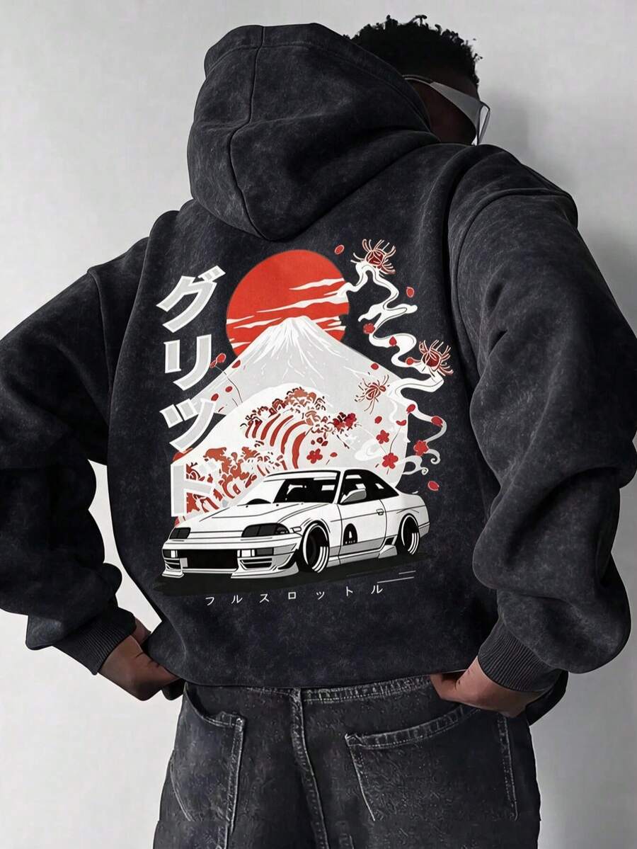 男士復古水洗日系街頭賽車背後圖案抽繩連帽衛衣 - 黑色 - 查看 1