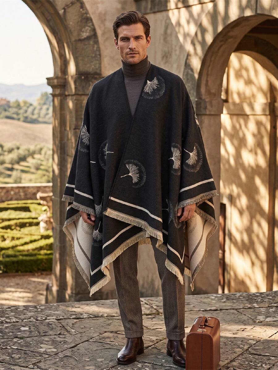 1pc Men's Vintage Ginkgo Leaf Jacquard Tassel Knit Cape Shawl, Thickened Open Front Warm Wool-Like Wrap Cloak Coat - Multicolor - View 1