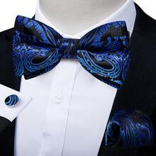 Black Background Royal Blue Paisley Pattern Pre-Tied Bow Tie, Pocket Square, Cufflinks, Lapel Pin 4-Piece Set For Business And Banquet - Black - View 2