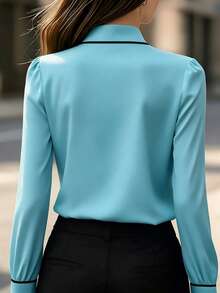 女款拼色長袖襯衫，附打結設計、對比滾邊與襯衫領，適合辦公通勤與休閒穿著，四季皆宜 - 天藍色 - 查看 4
