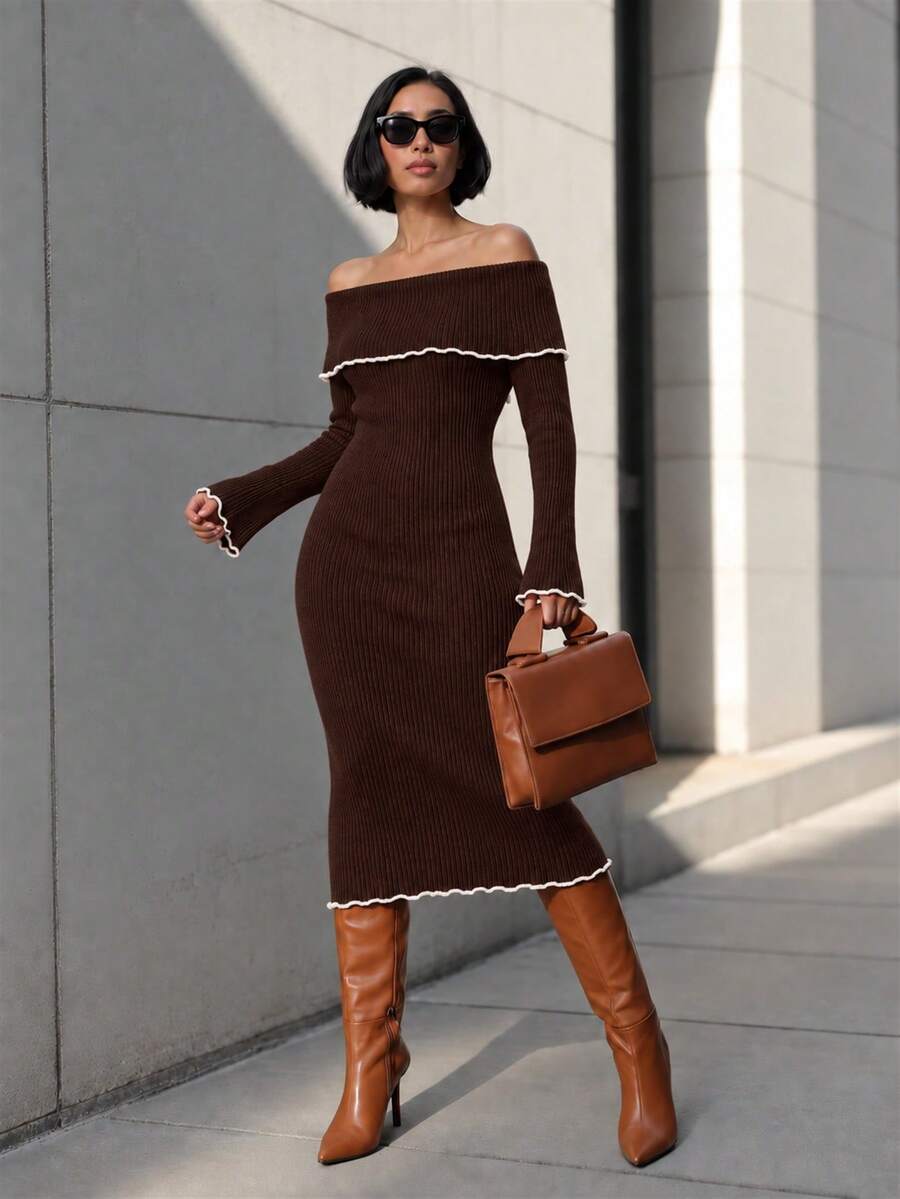 Knitwear Dress; Fish Tail Style Bodycon With Color Block Details And Off Shoulder Design - Brown - View 1