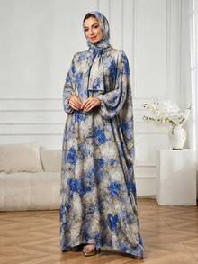 Abaya Panjang Motif Tinta Marmer Biru, Gaun Islami Panjang Longgar Lengan Panjang dengan Hijab Berkerudung yang Serasi, Cocok untuk Ramadan dan Idul Fitri, Busana Sholat Ramadan yang Konservatif - Royal Blue - View 3