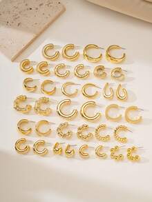 12/36pcs CCB Fashion Minimalist Style, Water Drop C-Shaped Textured Women's Fashion Gold Multi-Element Earrings Set, Versatile Daily Wear, Suitable For Women's Daily Wear, Dating, Party, Gift For Friends - Gold - View 2