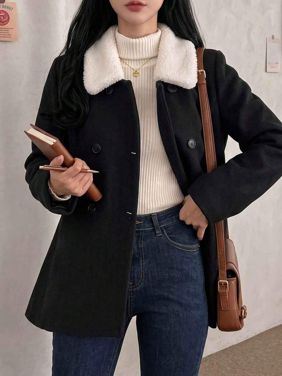 Women's Autumn/Winter Black Wool Mid-Length Coat, Lambswool Collar, Double-Breasted, A-Line Loose Fit - Black - View 1
