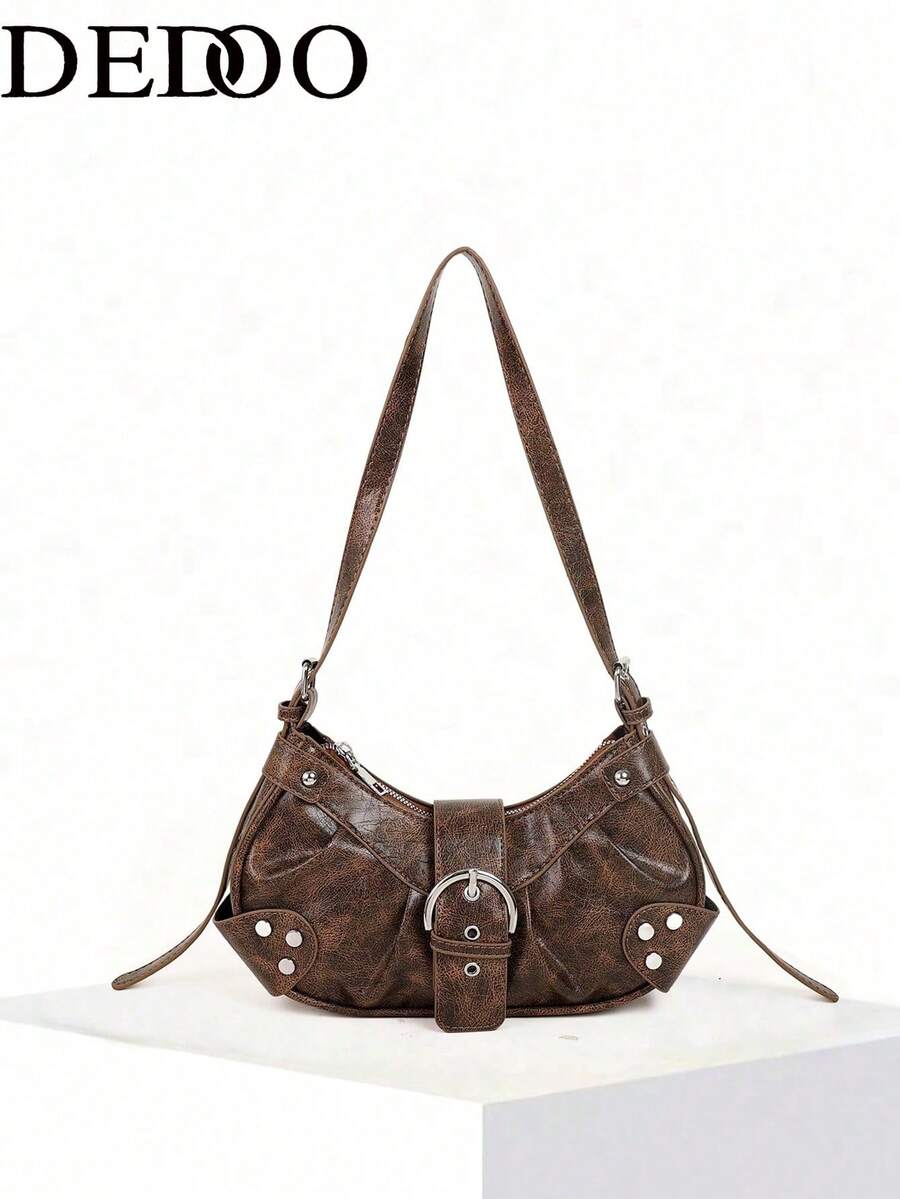 Dedoo Lightweight Retro Women's  Punk Gothic Y2K Style Faux Leather Motorcycle Handbag With Rivets, Metal Chains And Adjustable Strap