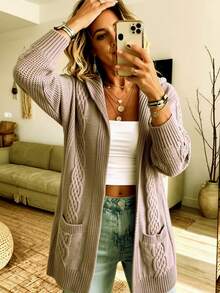 European Style Elegant Mature Minimalist Plus Size Women's Buttonless Cardigan Jacket, Suitable For Spring Autumn Winter Daily Casual Commute, Solid Color Lapel Cardigan With Pockets - Khaki - View 3