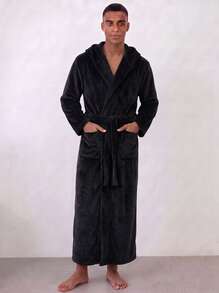 Snug League 1pc Flannel Thick Autumn/Winter Soft & Comfortable Couple Double Pocket Luxury Fleece Hooded Belted Bathrobe For Men - Black - View 5