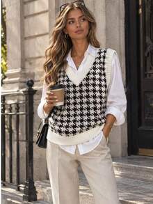 Rompi Rajut Leher V Motif Houndstooth Gaya Vintage Kampus untuk Wanita, Atasan Tanpa Lengan untuk Sehari-hari di Musim Gugur/Dingin, Cocok untuk Kerja dan Liburan - Putih - View 3