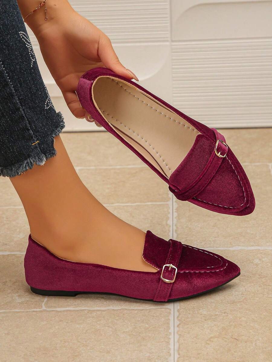 Women's Elegant Pointed Toe Slip-On Burgundy Shoes, Commuter Style Spring/Autumn New Office Wear Navy Blue Loafers, Versatile Flat Shoes