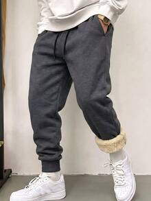 Men's Thermal Lined Sweatpants, Sherpa Warm Bottoms, Thick Cuffed Joggers - Dark Grey - View 3