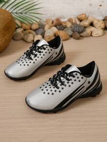 Boys' Star Stripe Studded Soccer Shoes, Lace-Up Non-Slip Children's Sports Field Training Football Shoes - Silver - View 1