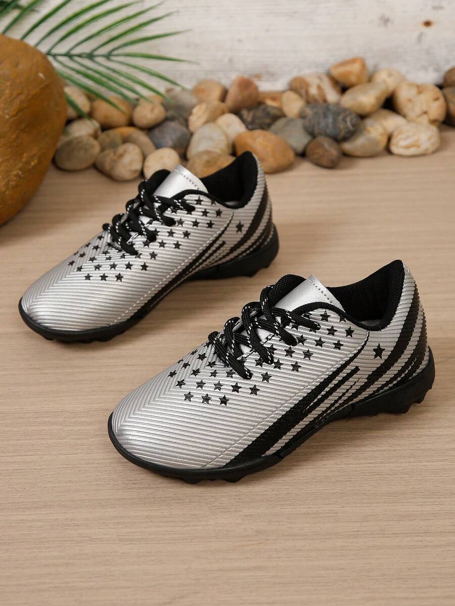 Boys' Star Stripe Studded Soccer Shoes, Lace-Up Non-Slip Children's Sports Field Training Football Shoes - Silver - View 1