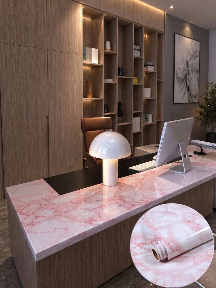 1 Roll Pink Marble Pattern Contact Paper, Glossy Peel And Stick Wallpaper, Waterproof And Oil-Resistant Self-Adhesive Vinyl Film, Suitable For Countertops, Kitchen Cabinets, Desks, Table Tops, Removable Rental Apartment And College Dorm Essentials