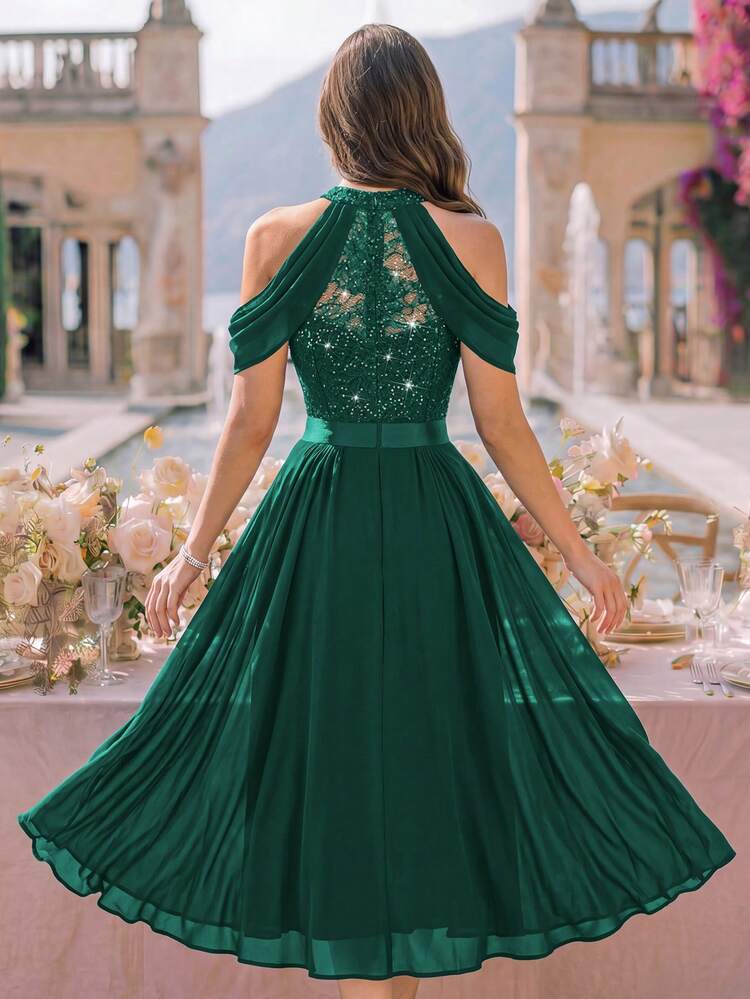 MIUSOL Halter Neck Elegant Sequin Floral Lace Layered Hem Prom Dress, Suitable For Birthday, Wedding Guest, Dinner - Dark Green - View 2