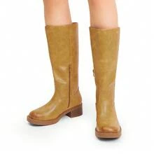Women's Knee-High Boots, Comfortable Chunky Block Heel Pointed Toe Pull On Side Zipper Suede Slouch Riding Boots - Yellow - View 8