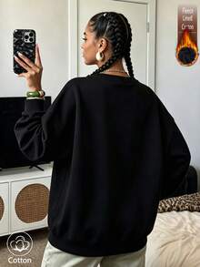 Streetwear Crewneck Sweatshirt With Letter & Floral Print, Warm Fleece-Lined Loose Fit For Autumn Winter - Black - View 5