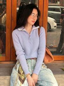 Ribbed Half-Zip Collared Sweater For Women, Relaxed Fit Long Sleeve Knit Pullover, Lavender Purple Soft Warm Fall Winter Casual Top - Purple - View 5