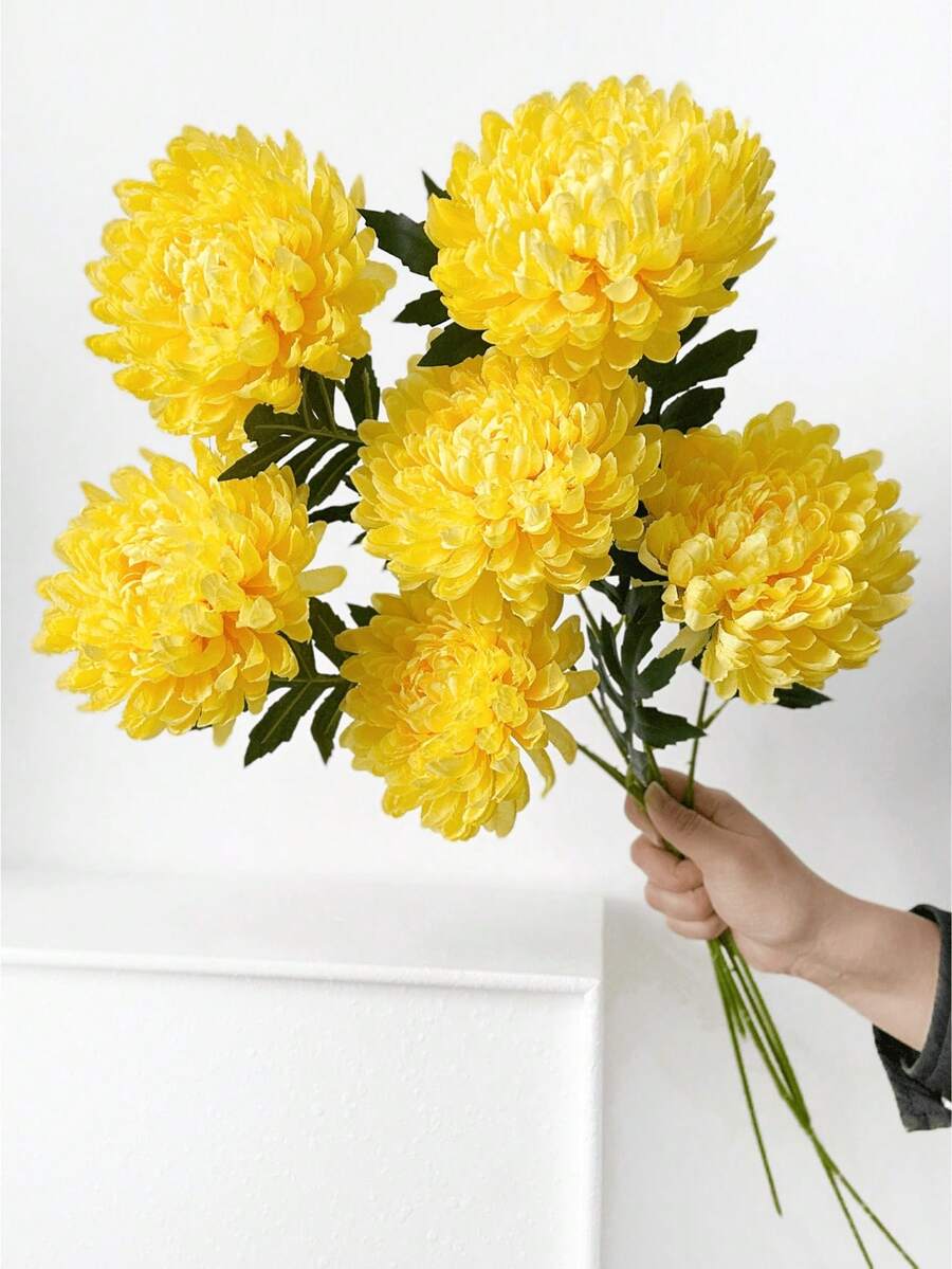 1/3pcs Artificial Chrysanthemums, 50cm Faux Flowers Suitable For Wall, Living Room, Bedroom, Wedding, Party Decoration, Tabletop Filler, Home, Tabletop Decor, Kitchen, Wedding, Tabletop, Centerpiece, Office, Garden, Outdoor, House, Yard Decoration - Yellow - View 1