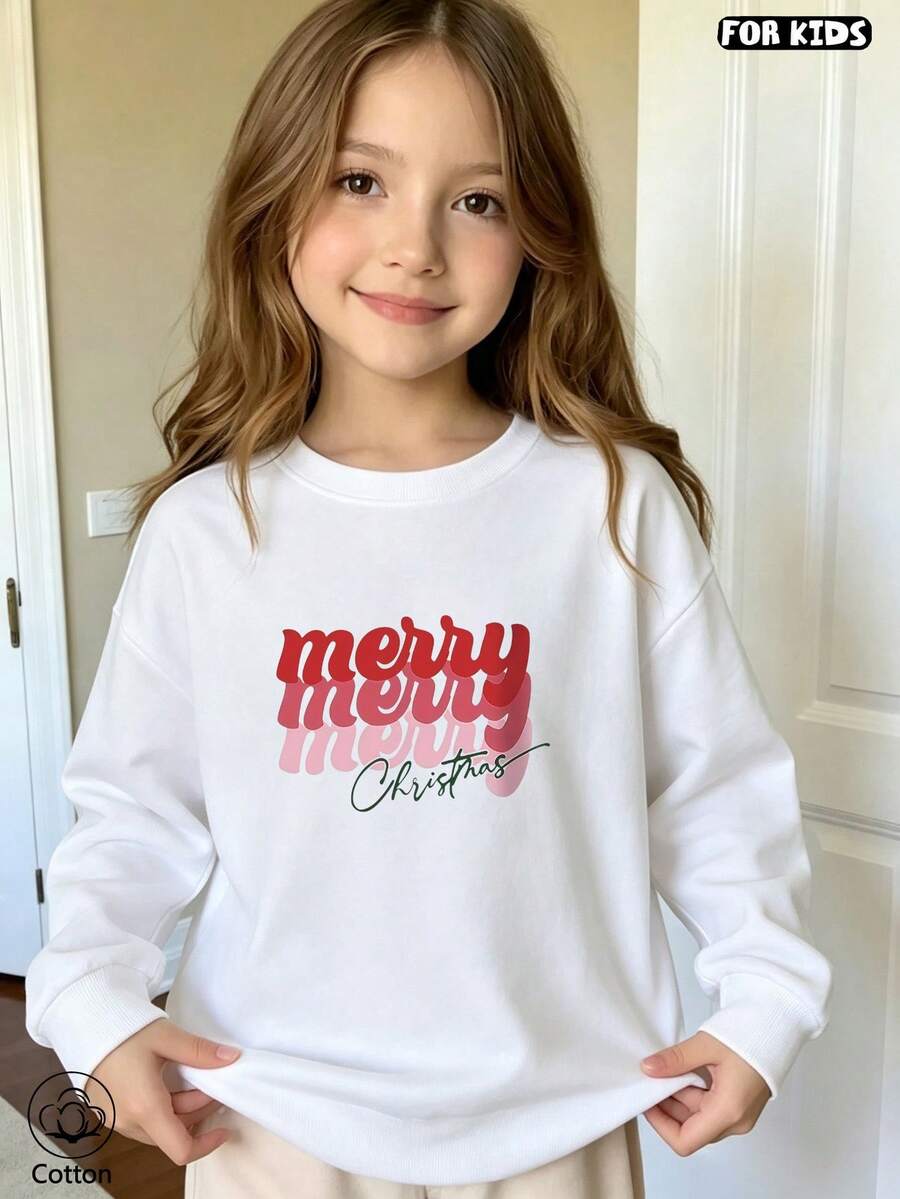 Children's Christmas Hoodie: Red Gradient Letter Print, Loose Fit, Breathable And Casual, Cute Style, Suitable For Daily Wear In Autumn And Winter - White - View 1