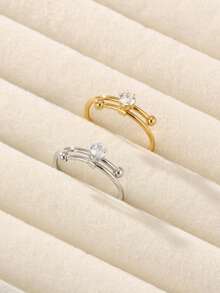 Single Cubic Zirconia Inlaid Women's Wedding Ring, 18K Gold Plated/304 Stainless Steel Material, Light Luxury Minimalist Adjustable Wedding Ring Gift With Dynamic Sliding Track - Jieh - View 2