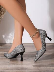 Women's Grey Leopard Print Pointed Toe Low-Cut Slip-On High Heel Pumps, Fashionable Stiletto Heels, Suitable For Party, Wedding, Office, Halloween, Daily Wear - Grey - View 4