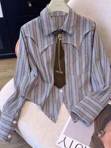 Vintage Inspired Women's Short Shirt With Long Sleeves, Striped Pattern, Shirt Collar, And Unique Asymmetrical Hem With Chain Accent - Blue - View 1