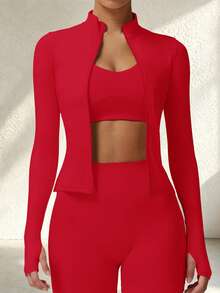 Women's Thumbhole Stand Collar Zip-Up Cropped Jacket, Slim Fit Seamless Cardigan For Running, Yoga, Pilates, Gym - Red - View 3