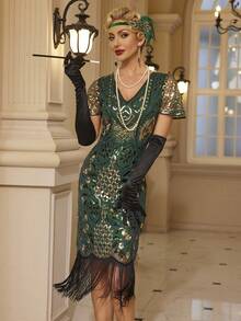 1920年代 Flapper 女裝洋裝，大亨小傳風格女款流蘇洋裝，咆哮20年代哈林之夜角色扮演服裝 - 綠色 - 查看 6