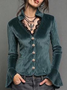 Women's Autumn Velvet Striped Slim Fit Blazer, V-Neck Lace Trim Long Sleeve Jacket With Gold Buttons - Teal Blue - View 1