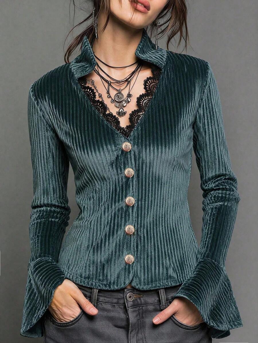 Women's Autumn Velvet Striped Slim Fit Blazer, V-Neck Lace Trim Long Sleeve Jacket With Gold Buttons - Teal Blue - View 1