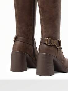 Women's Chunky Heel Platform Knee-High Boots Square Toe Side Zipper Adjustable Straps Buckle Decorated Motorcycle Riding Boots - Brown - View 9
