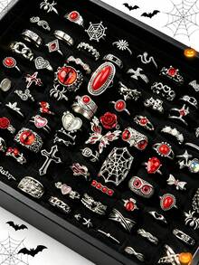 10/20pcs/Set Cincin Unisex Gaya Punk Gothic Vintage Halloween, Desain Mata Besar dan Bentuk Hati, Hadiah Pesta Liburan, Aksesori Pemakaian Sehari-hari untuk Teman - Cincin Halloween Merah Kupu-Kupu Mawar Gaya Punk - View 3
