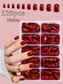 120Pcs Short Square Press On Nails, Autumn Winter Wine Red Cat Eye False Nails, 10 Sizes Glossy Solid Color Reusable Fake Nails Kit For Christmas Thanksgiving Daily Party - Red - View 1