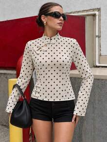 Women's Fall Winter New Chinese Polka Dot Long Sleeve Stand Collar Frog Buttons Waist Slimming Cropped, Suitable For Daily Wear Party Street Outfit - Apricot - View 5