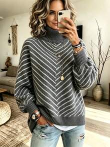 2026 New Women's Two Tone Striped High-Neck Knit Cardigan Sweaters Bell Sleeves Fall Clothes For Women Fall Outfit Cardigan For Women Fall Tops - Dark Grey - View 10