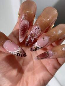 24pcs  Handmade Long Pointed Nail Stickers, With A Nude Base Featuring Leopard Print, 3D Flowers, And Brown Gradient, Decorated With Rhinestones And Small Gold Accessories, Reusable, Perfect For Autumn Parties And Everyday Wear - Rust Brown - View 8