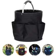 1pc Country Style Solid Color Gardening Tool Storage Bag, Round Bucket Shape, With 6 Side Pockets And Thickened Metal Handle, Foldable Oxford Cloth Storage Bag, Large Capacity Home Gardening Organizer Bag - A - View 3