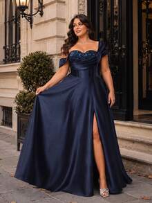 VIPGIRL Navy Blue Sequin Satin One-Shoulder High-Slit Women's Dress, Elegant Plus Size Evening Gown, Long Prom Dress, Wedding Guest Dress, Luxury Party Dress, - Navy Blue - View 1
