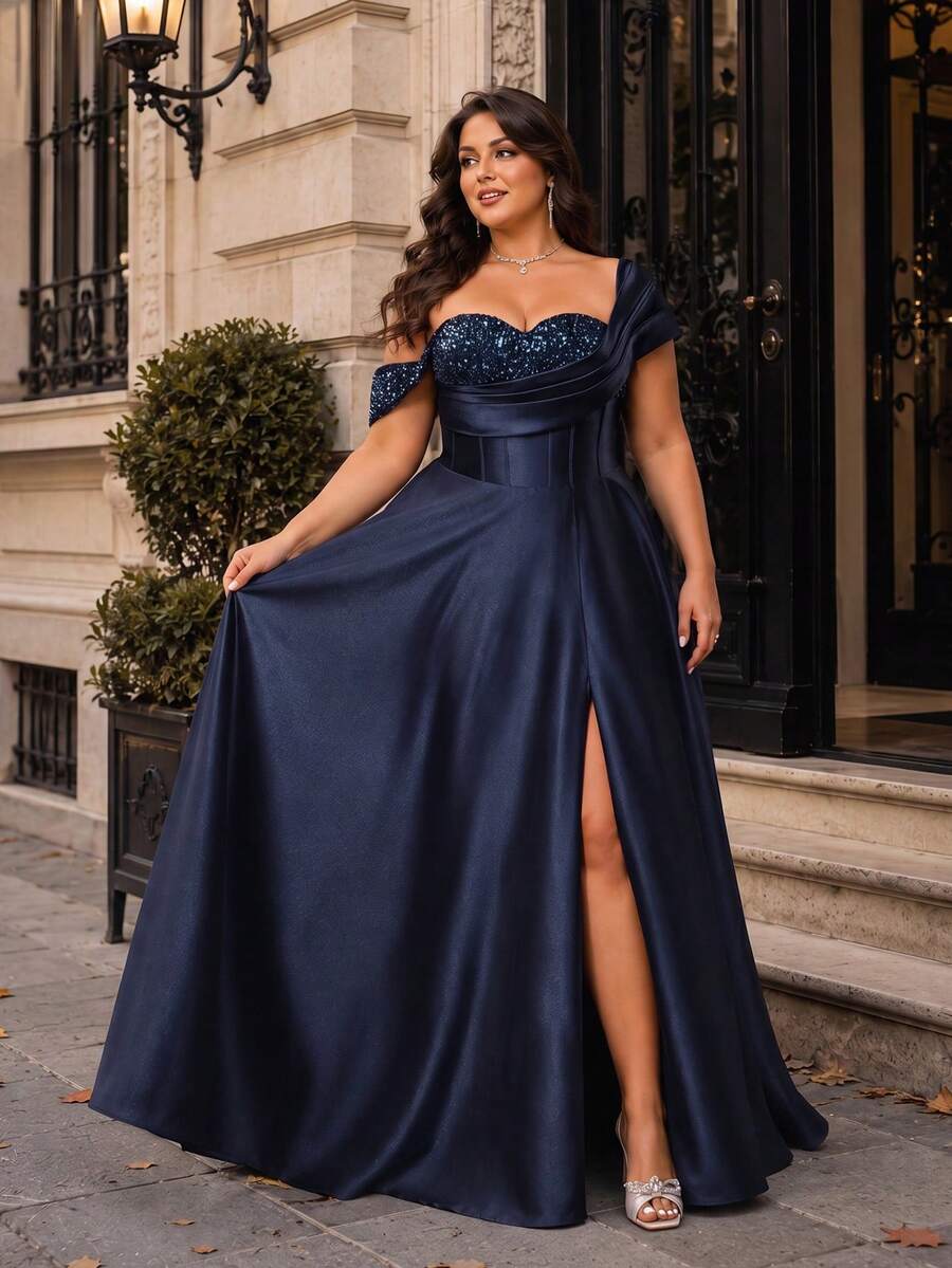 VIPGIRL Navy Blue Sequin Satin One-Shoulder High-Slit Women's Dress, Elegant Plus Size Evening Gown, Long Prom Dress, Wedding Guest Dress, Luxury Party Dress, - Navy Blue - View 1
