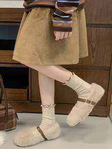 Women's Round Toe Fuzzy Flat Shoes, Adjustable Brown Buckle Strap Solid Color Casual Everyday Shoes - Beige - View 4