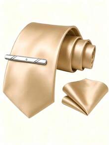 1 Set Men's 8cm Satin Tie, Pocket Square And Tie Clip Set, Suitable For Business Meetings, Wedding Party Groom Tie Set - Champagne - View 2