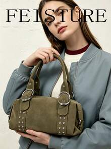 FEISTURE 1pc Rivet Embellished Women's Handbag, Solid Color PU Material Tote Bag, Suitable For Girls, Women, College Students, New Professionals And White-Collar Workers, Perfect For Work, Business, Commuting, School - Green - View 2