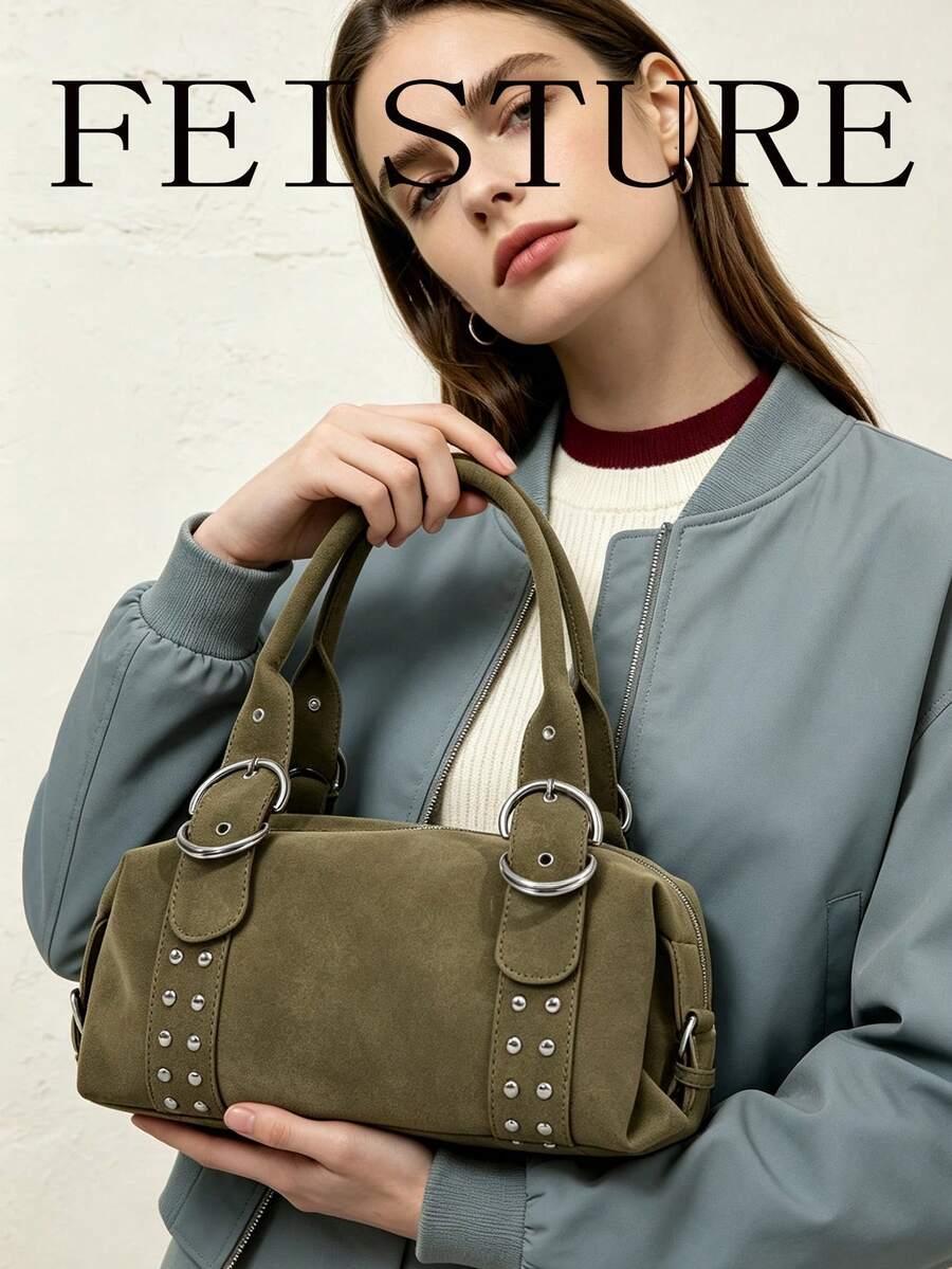 FEISTURE 1pc Rivet Embellished Women's Handbag, Solid Color PU Material Tote Bag, Suitable For Girls, Women, College Students, New Professionals And White-Collar Workers, Perfect For Work, Business, Commuting, School