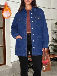 Women's Vintage Casual Denim Jacket With Thermal Lining, Long Sleeve And Turn-Down Collar - Dark Wash - View 2