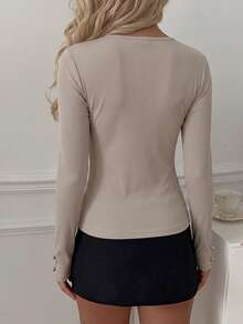 LUNNELUX Women Fall V Neck Ribbed Knit Long Sleeve Top, Slim Fitted Shirt With Heart Decor Buttons, Halloween Daily Dating Outfit - Khaki - View 2