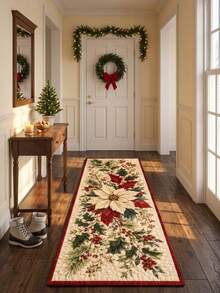 1pc Christmas Poinsettia & Holly Berry Print Long Runner Rug, Suitable For Kitchen, Entryway, Hallway, Corridor, Perfect For Christmas Holiday Home Decor, Soft Short Plush Fabric, Non-Slip Bottom, Stain-Resistant, Easy To Clean - Multicolor - View 4